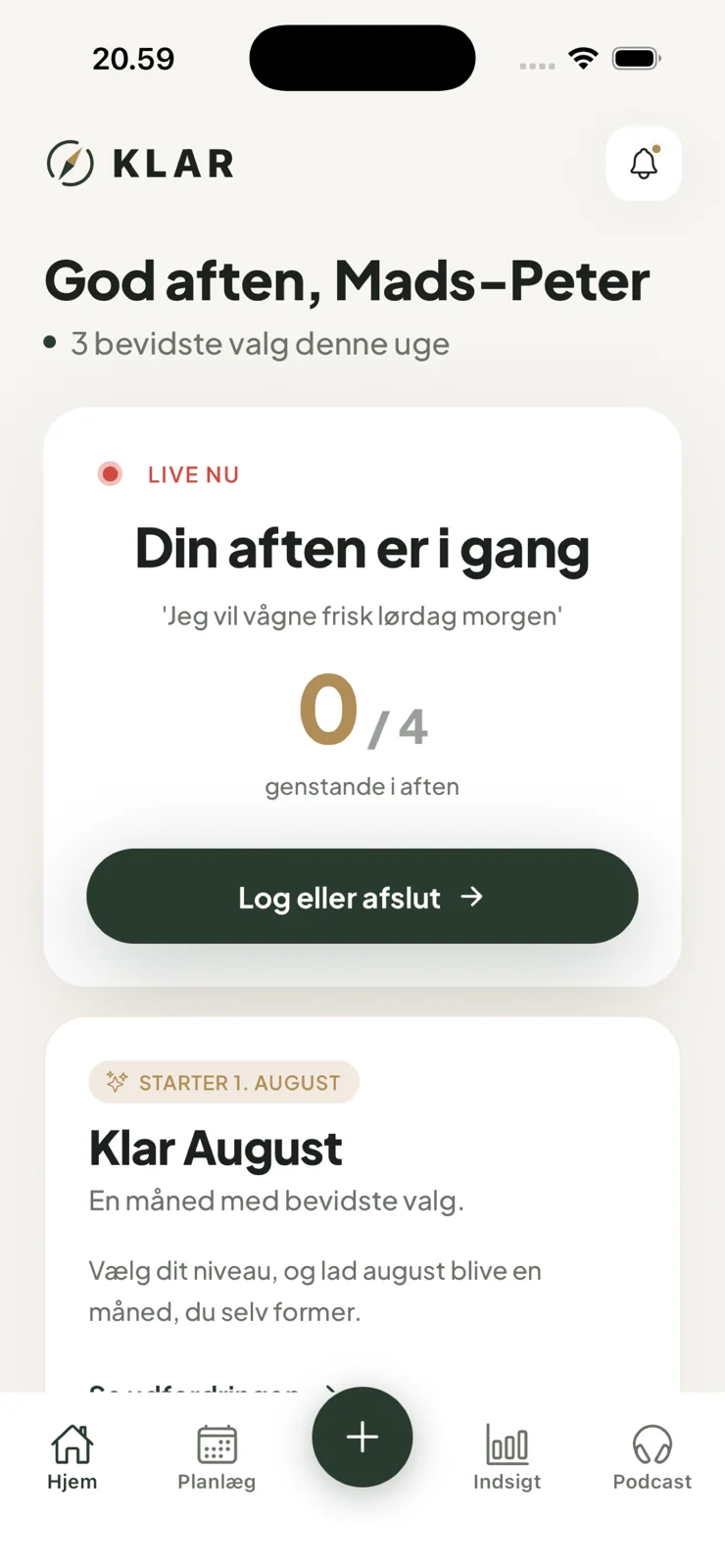 KLAR-appens hjemskærm