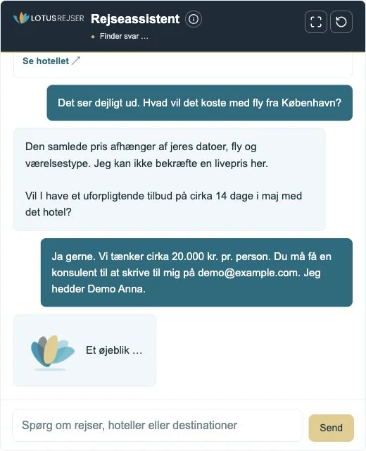 Lotus’ rejseassistent med samtale, produktkort og animeret Lotusblomst