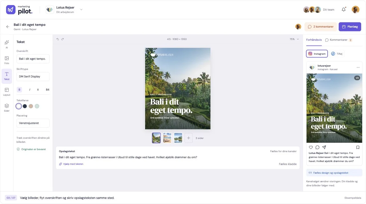 MarketingPilots designværksted med et Bali-opslag og Instagram-preview